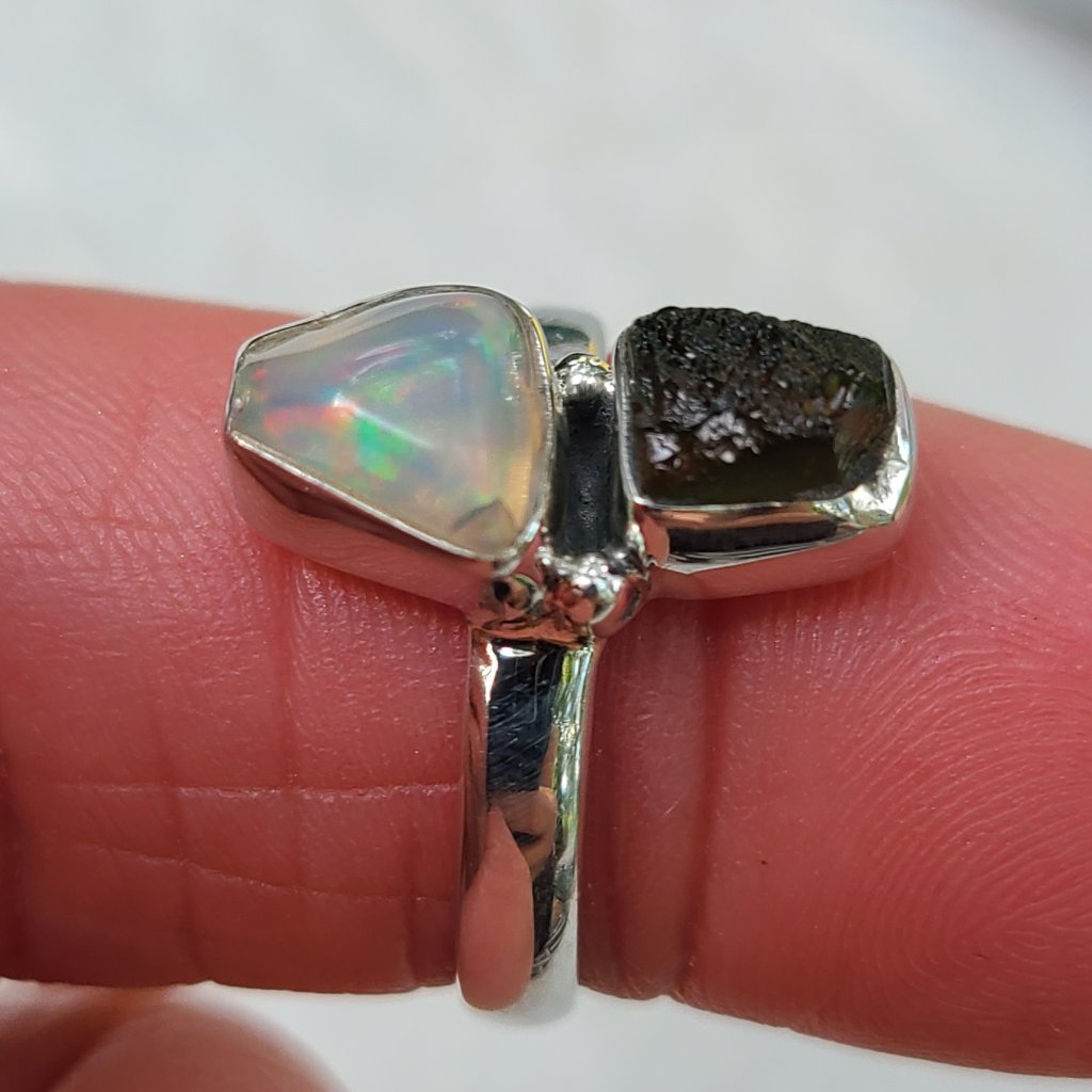 Opal And Moldavite Sterling Silver Ring Different Sizes -Rare Jewelry